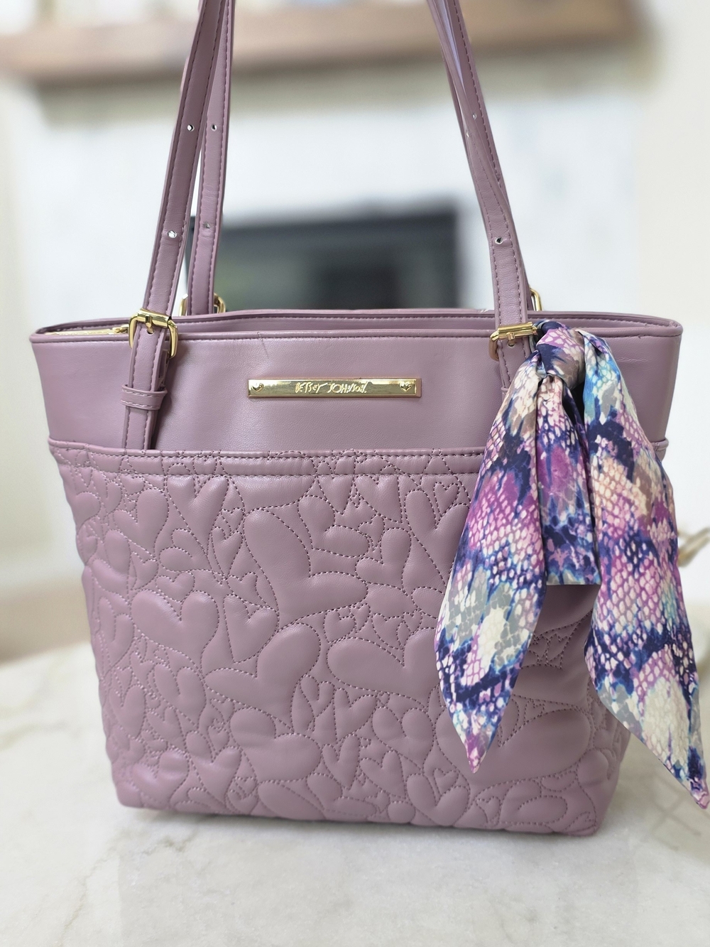 Betsey Johnson Mauve Quilted Heart Tote with Multicolor Scarf